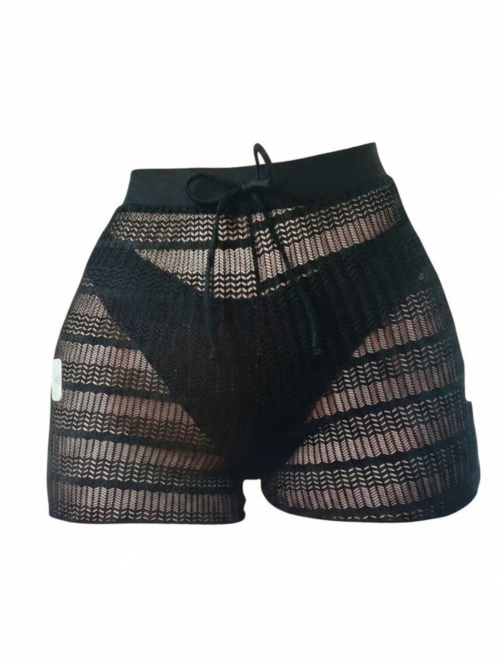 Black Sheer Knit Beach Shorts with Drawstring Waist